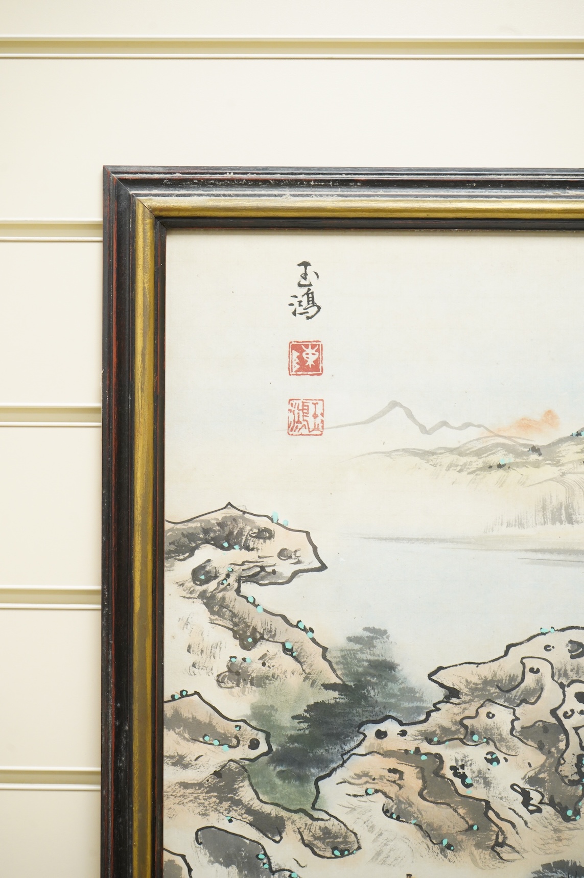 Chinese School, 20th century, Riverscape with pagodas, signed with character marks and red seal marks, ink and watercolour, 81 x 49cm